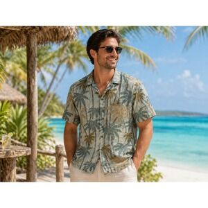 Tommy Bahama Mens XXL Blue Silk Palm Tree Print Camp Shirt Short Sleeve Relaxed